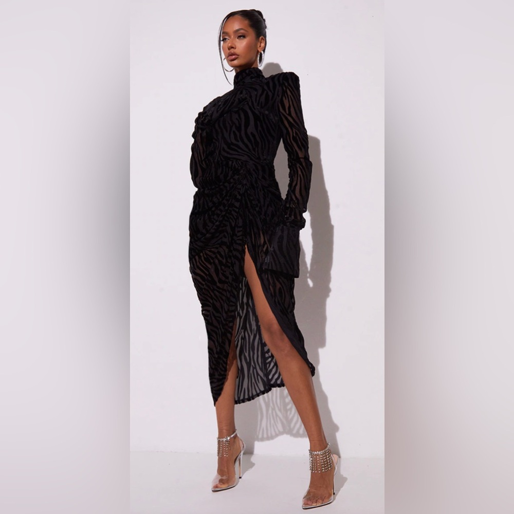Black Zebra Devore High Neck Draped Midi Dress - 12(US)/16(UK)